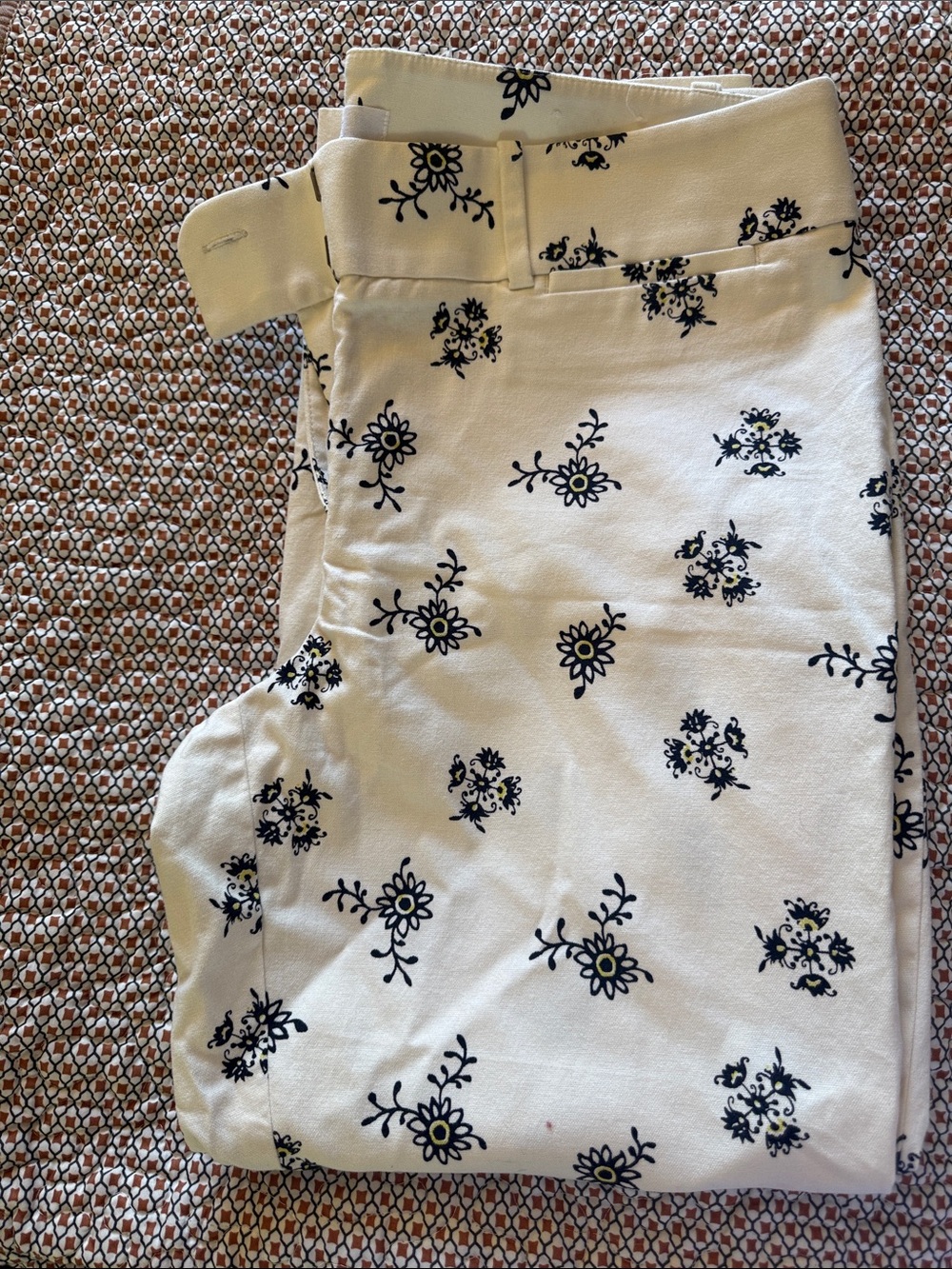 LOFT White Straight-Leg Jeans with Black Floral Print